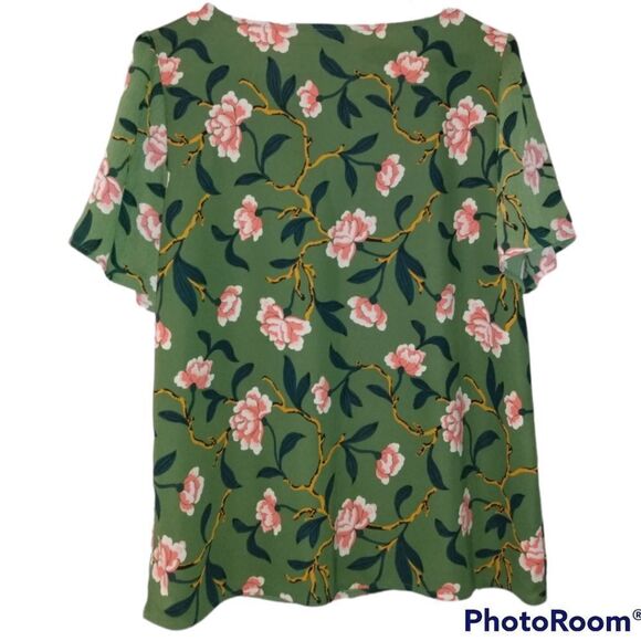 Ann Taylor Factory Green and Floral Short Sleeve Blouse With Square Neckline - Picture 2 of 11